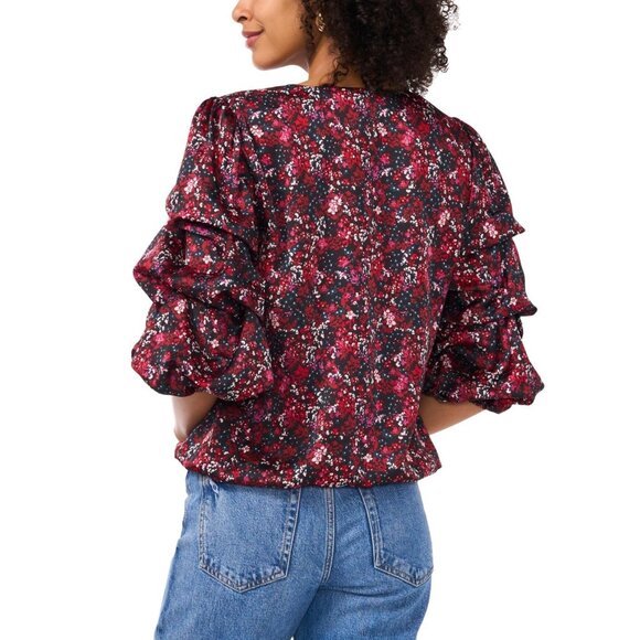 Vince Camuto Women's Printed V-Neck Bubble Sleeve Top Black Red Size XL MSRP $89 - Picture 4 of 4